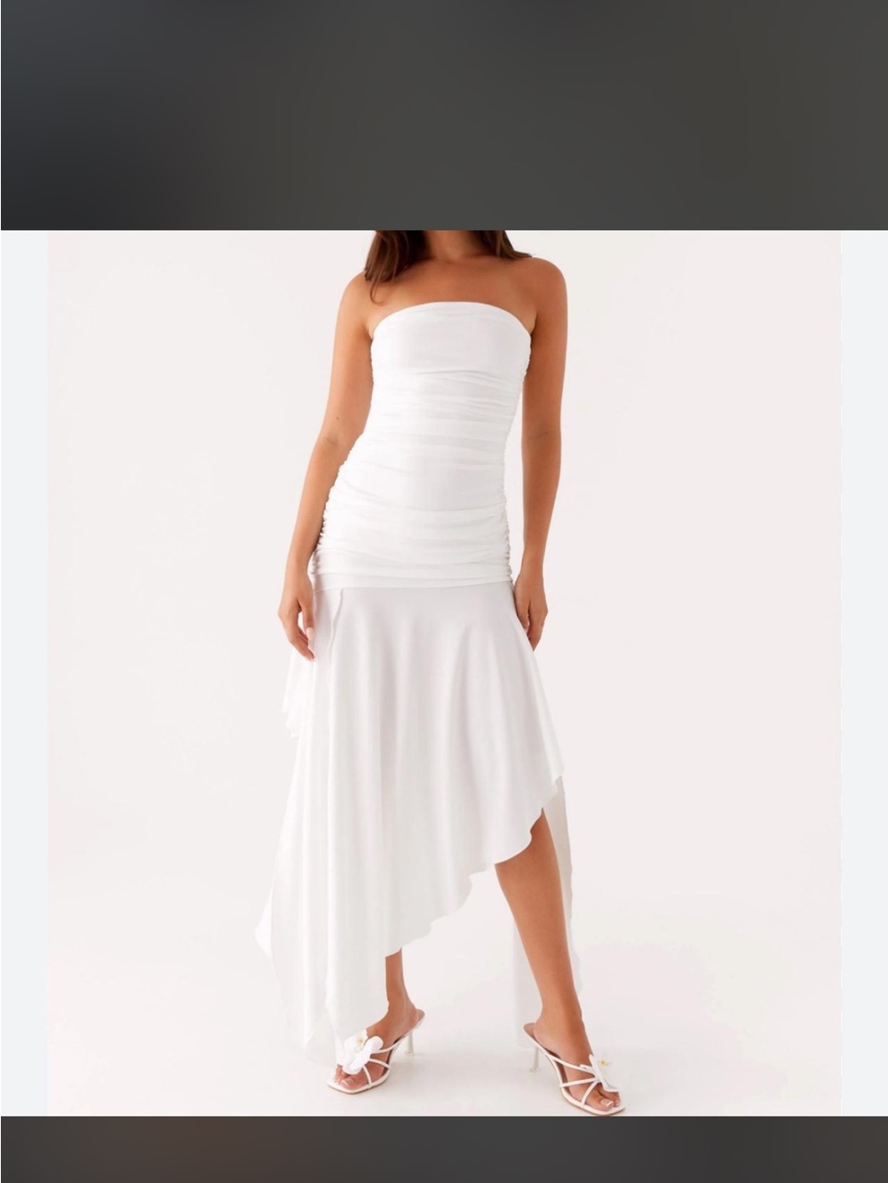 Peppermayo White Strapless Ruched Asymmetric Maxi Dress